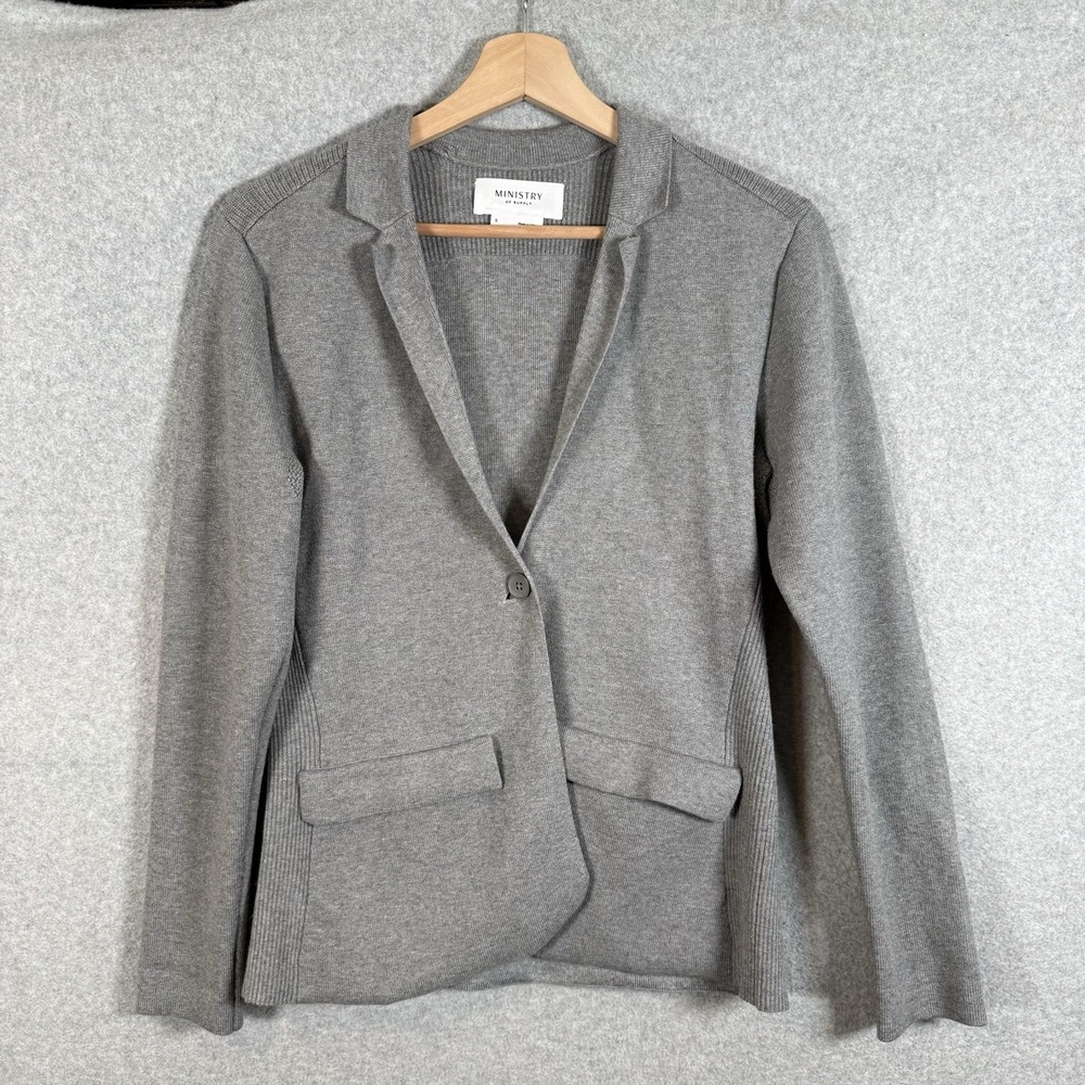 Ministry of Supply Womens Grey Knit Blazer Cardigan S Knit Jacket Office Casual